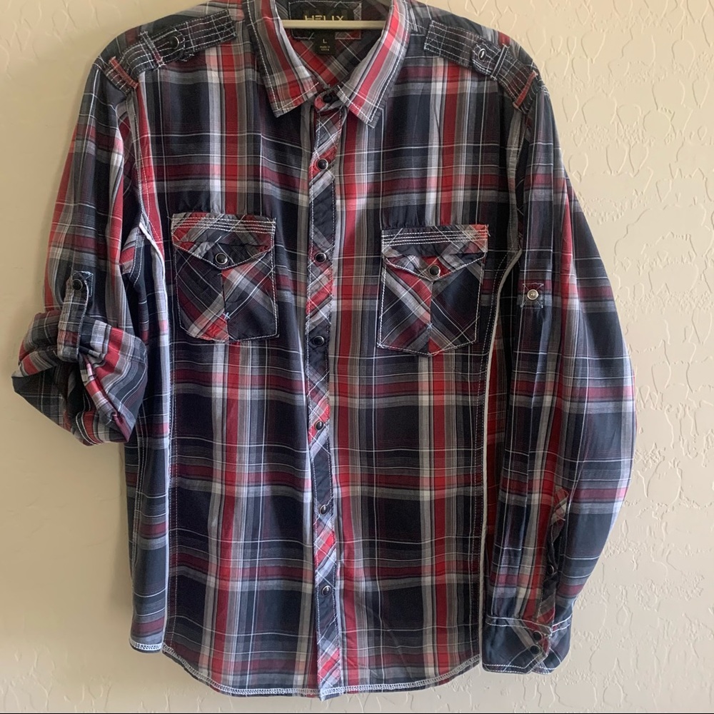 Cowboy Shirt Black, Red, White Plaid Western Size L with Black Pearl Snaps